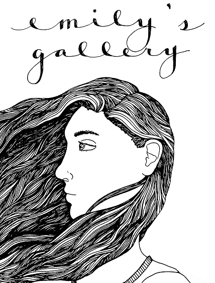 Drawing of a girl's hair blowing in the wind; labeled 'Emily's Gallery'